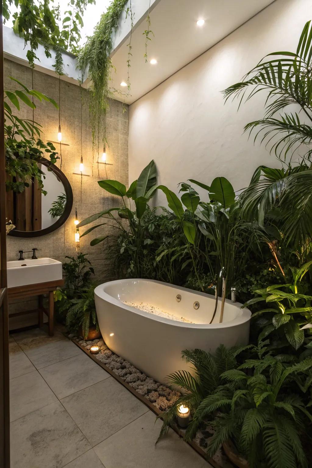 A spa-like atmosphere featuring botanicals and gentle lighting around the bathtub.