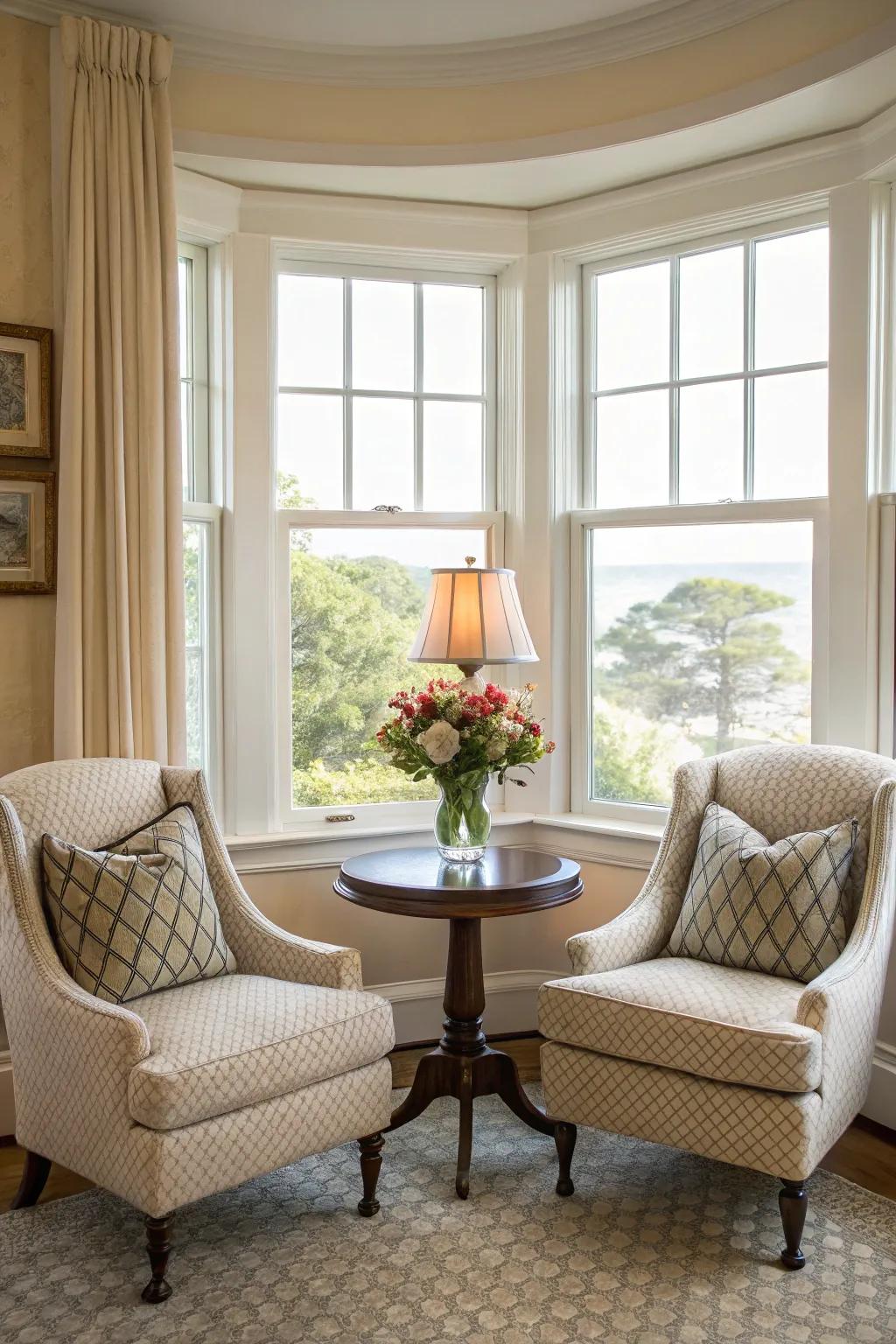 Balanced seating enhances both utility and elegance in your bay window space.