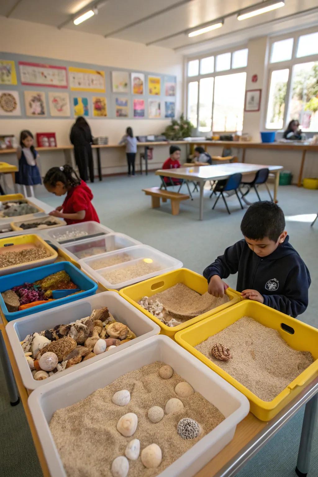 Coastal shell sensory bins in the classroom promote tactile learning and exploration.