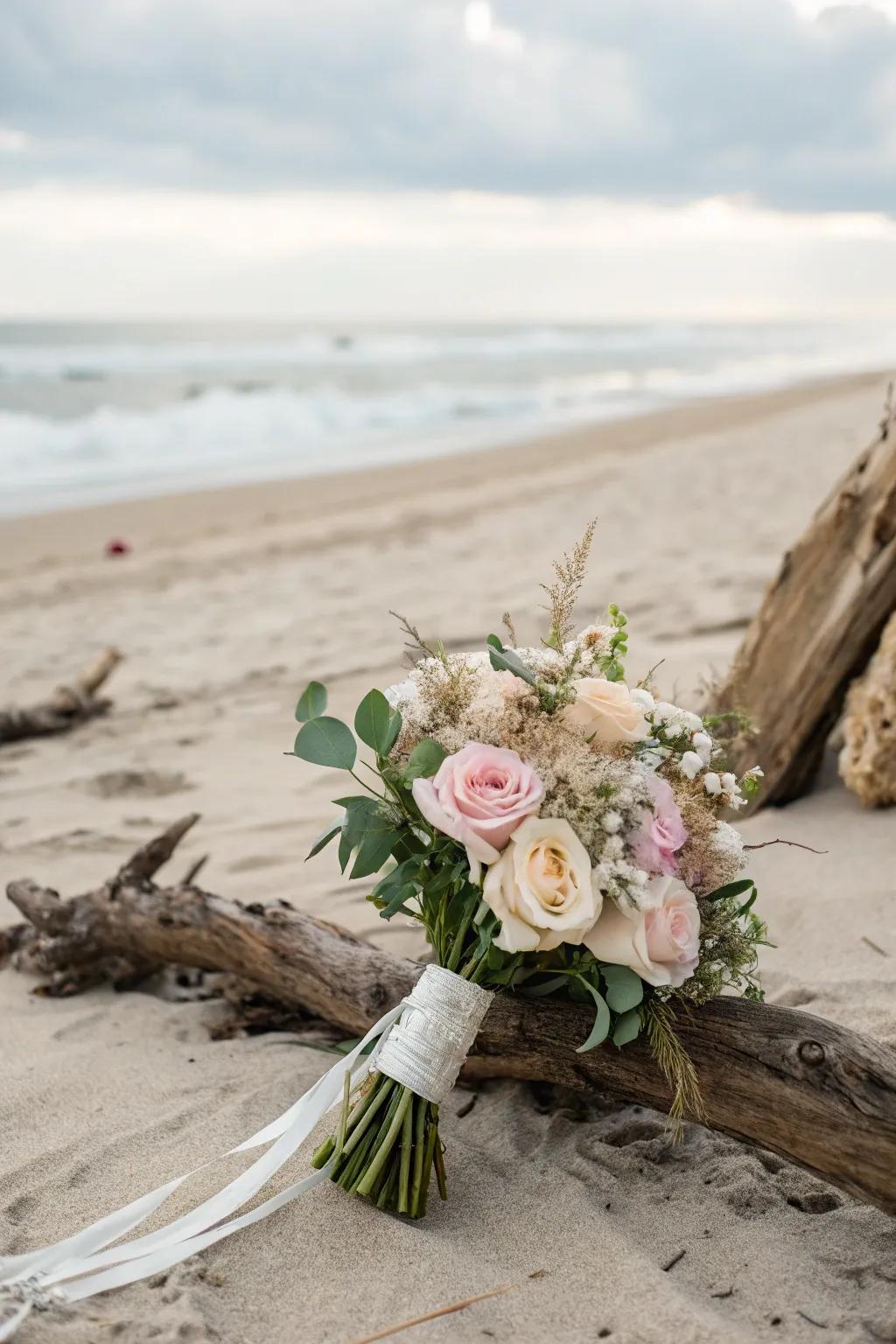 A bouquet integrating driftwood for a countryside beach visage.