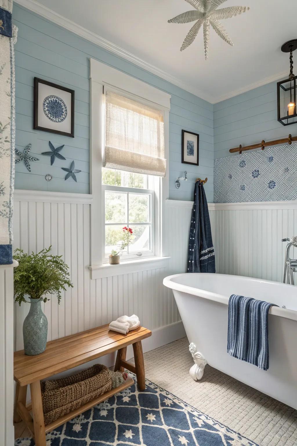 Create a breezy feel with a coastal-themed raised paneling design.