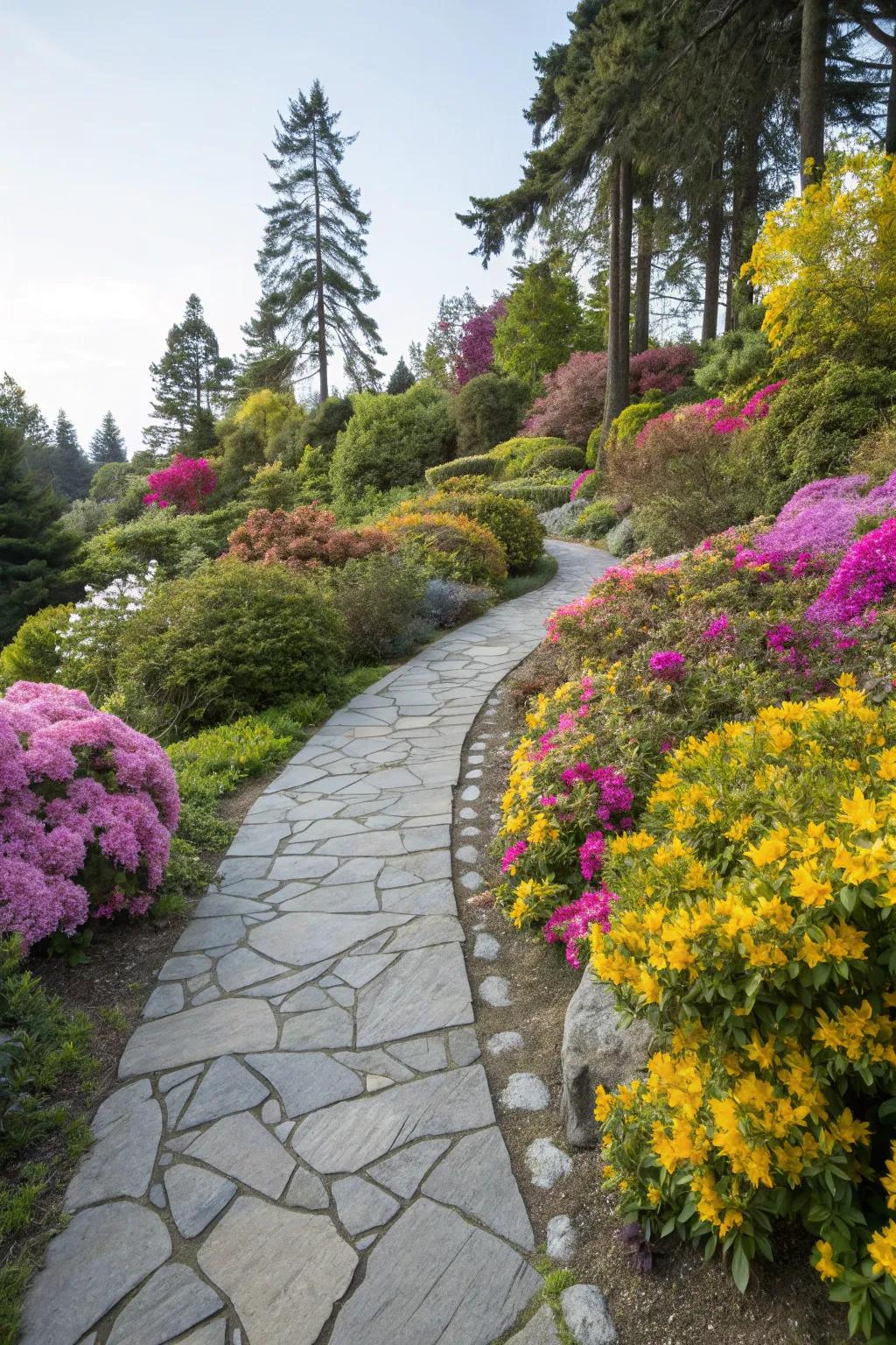 A stone walkway winding through a flourishing, colorful garden.