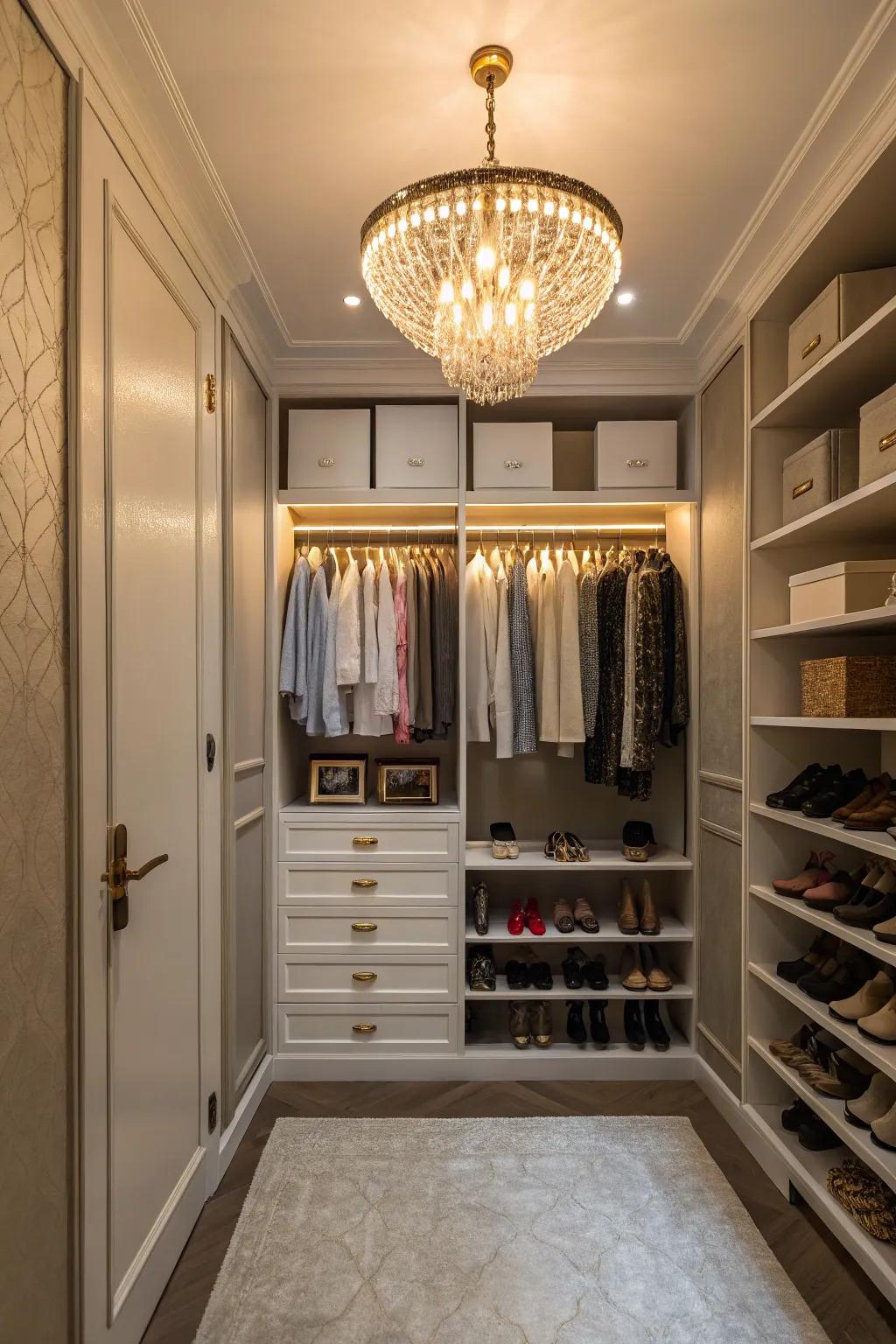 A chic light fixture can greatly enhance the closet's overall aesthetic.