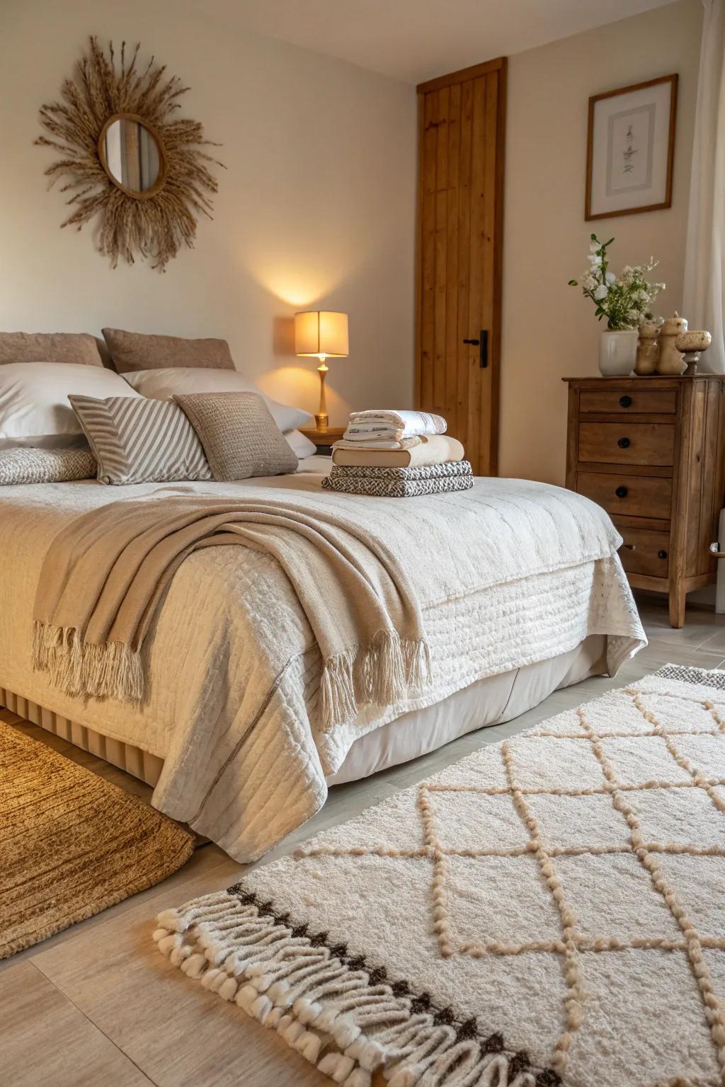 Layered surfaces bring dimension and warmth to your bedroom decor.