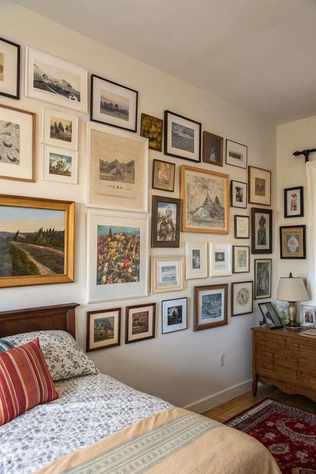 A gallery wall incorporates a personal element into any bedroom environment.