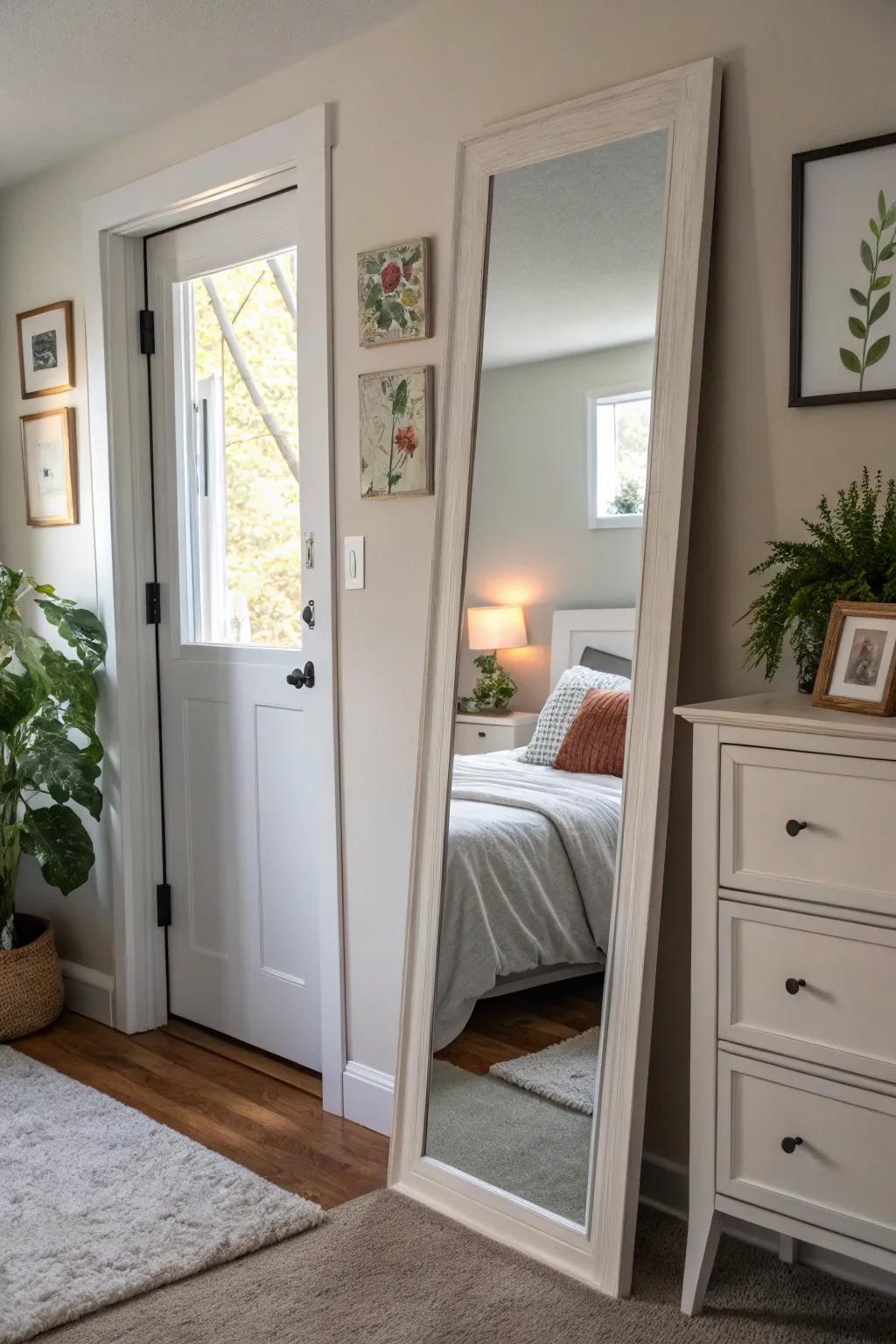 Mirrors on doors give the appearance of area and lend refinement.