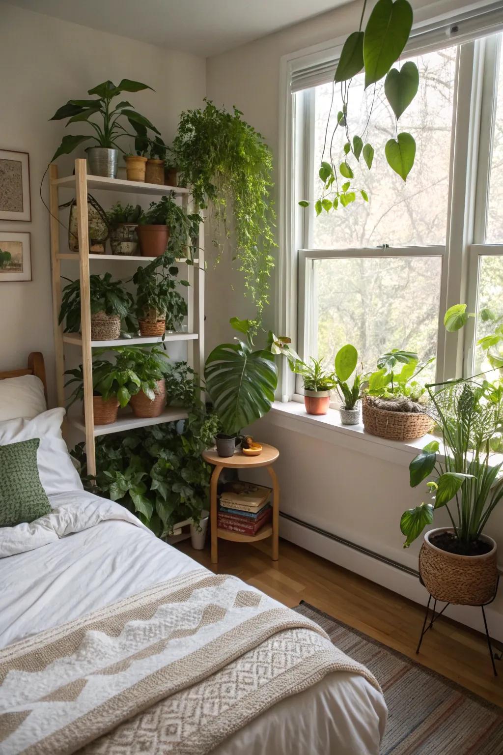 Indoor plants contribute freshness and a natural element to this vibrant bedroom.