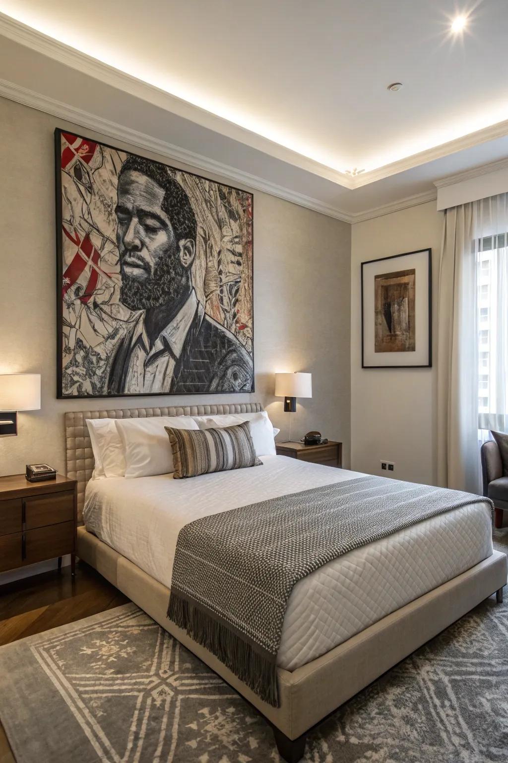 Striking artwork acts as a captivating focal point in this bedroom.