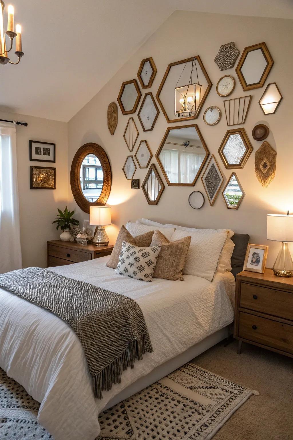 A mirror gallery wall adding character and vitality to the bedroom.