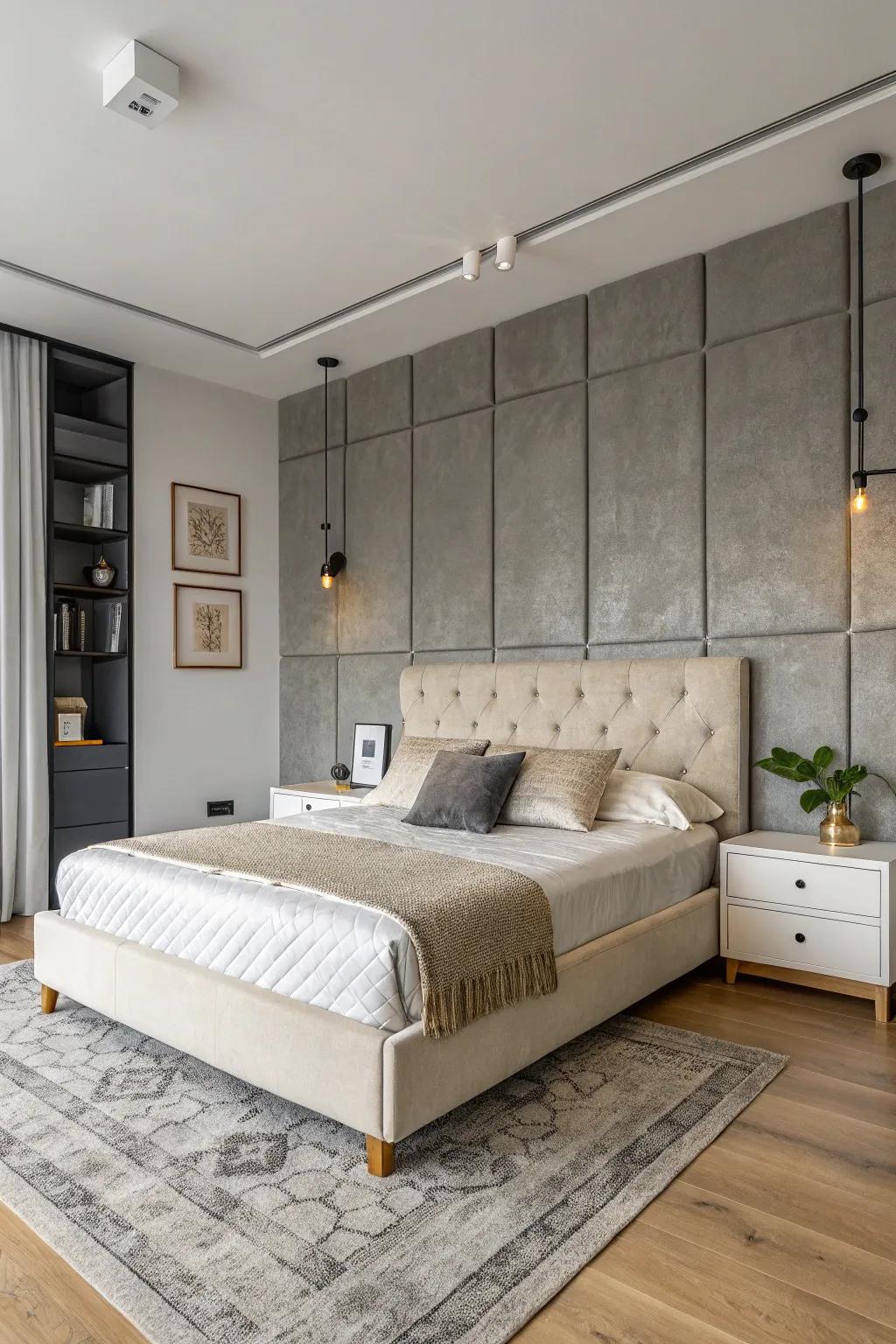 Grey accent wall contributing richness and theatrical flair.