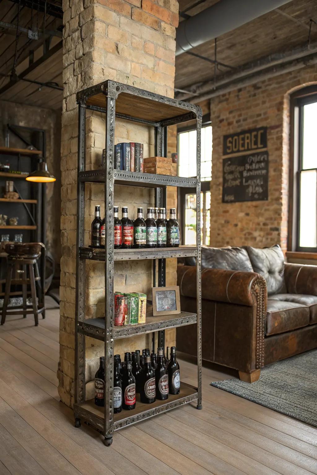 Classic steel shelving with brew bottles in a factory-style lounge.