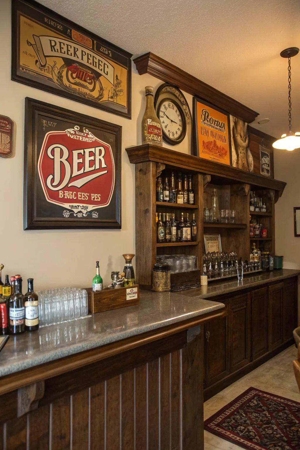 Classic drink ads add a nostalgic touch to your decoration.