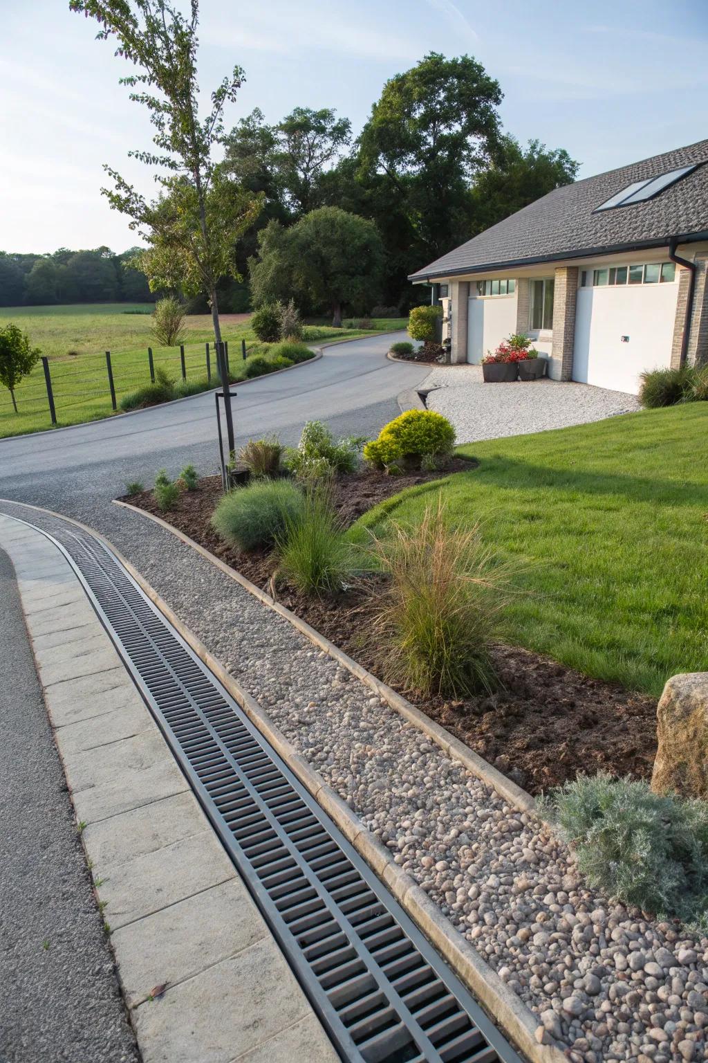 A driveway with a discreet yet effective drainage system to manage water flow.