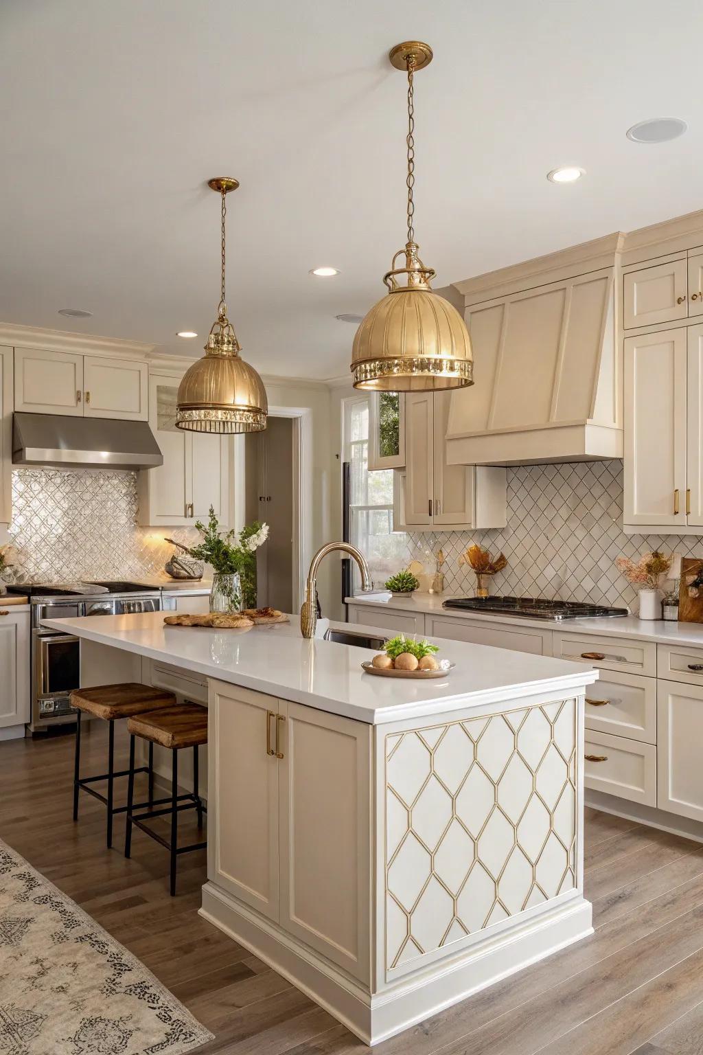 Metal hanging lights add warmth and elegance to the area.