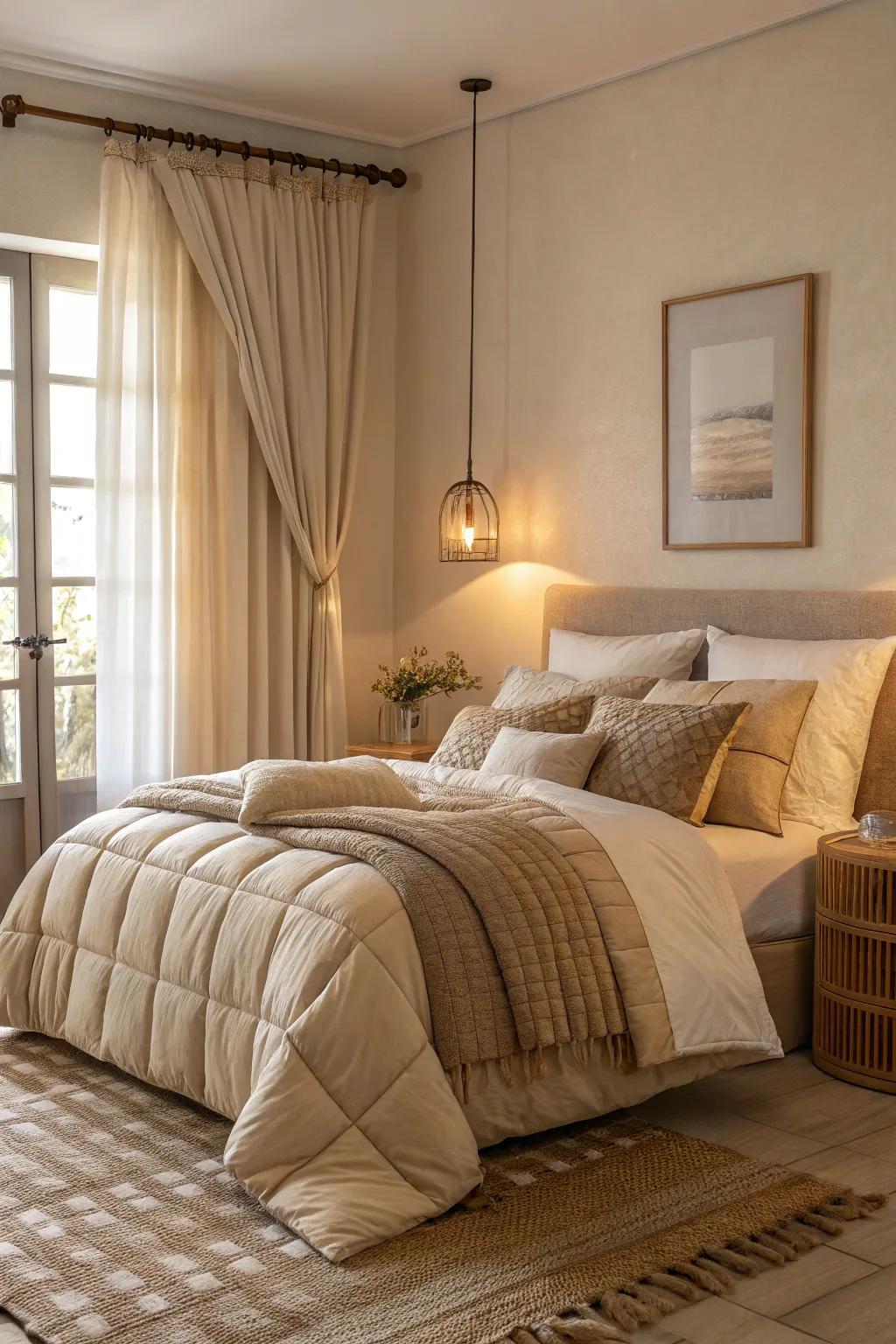 Superimposed linens in beige shades enrich this bedroom with a hint of luxury.