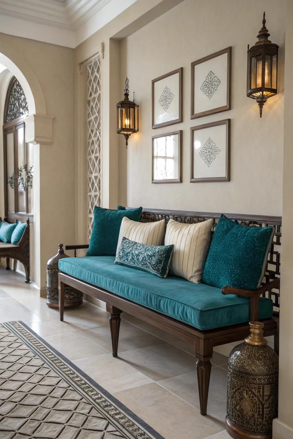 A striking splash of color like teal can transform a simple bench into a focal piece.