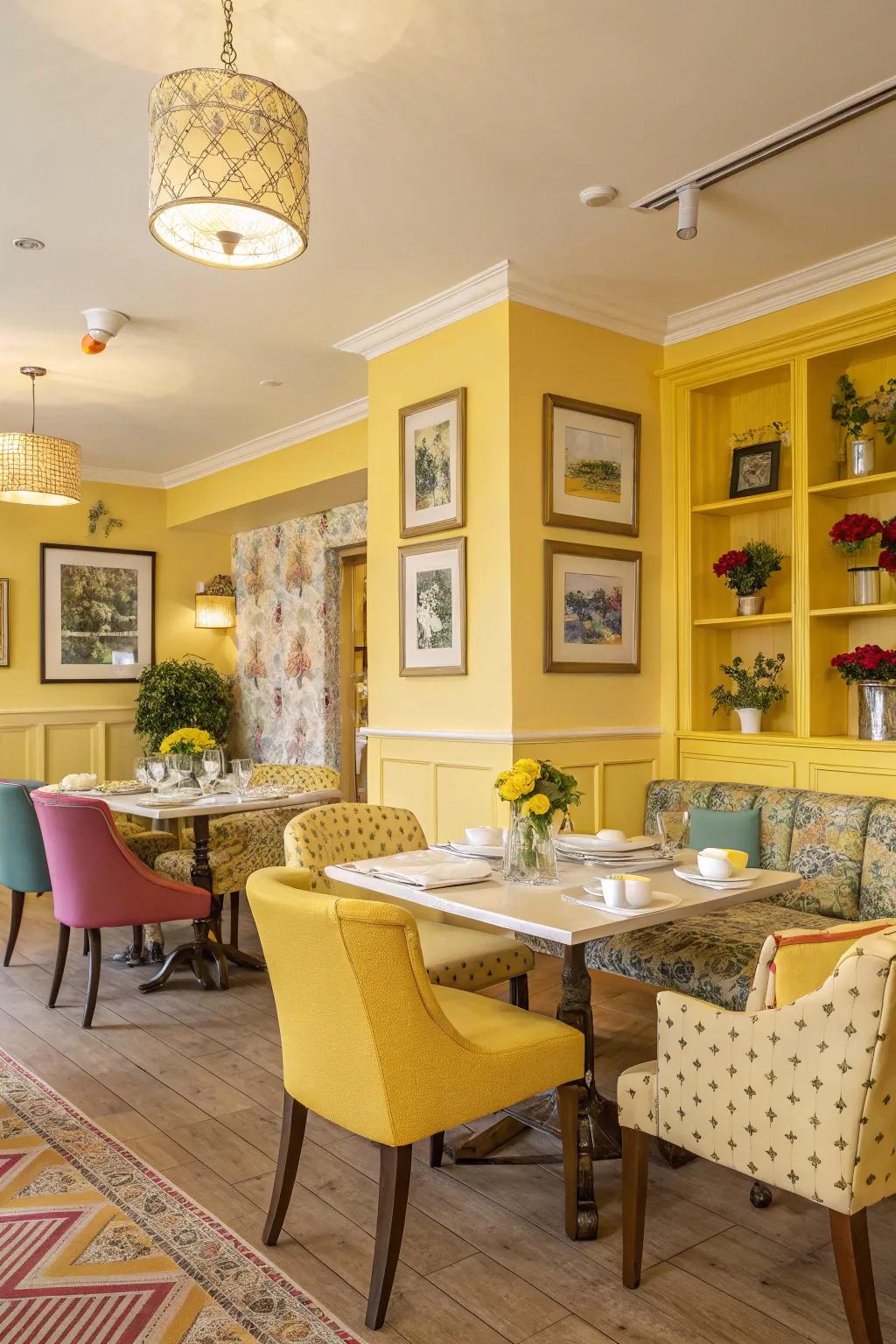 Yellow accents add a joyous burst of color to dining spaces.