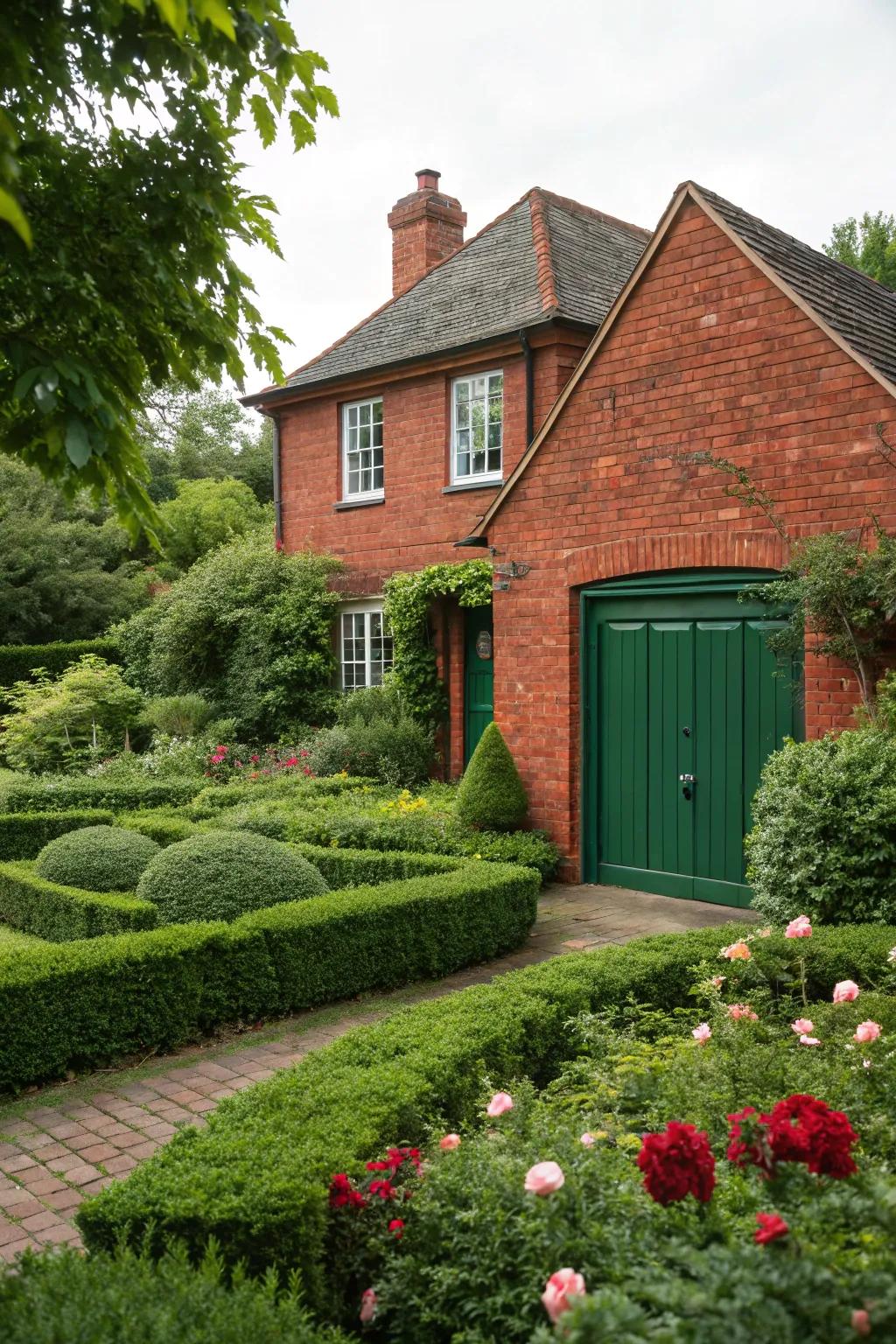 An emerald garage door merges beautifully with the surrounding greenery.