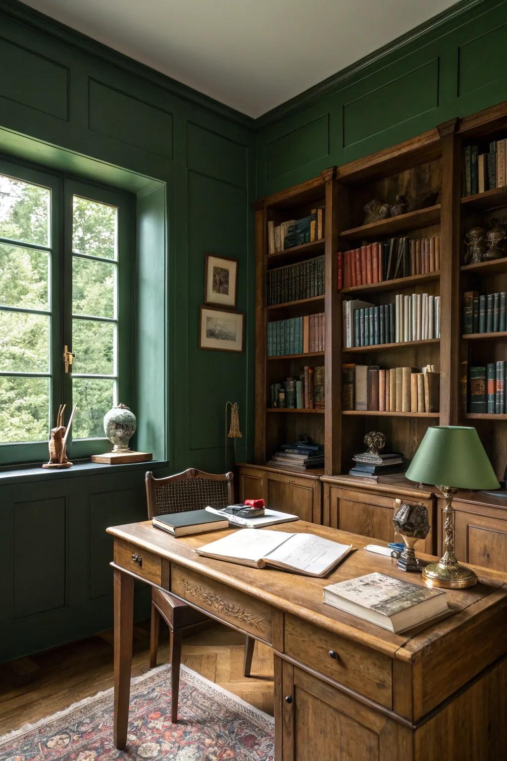 A study transformed into a forest haven with deep green walls.