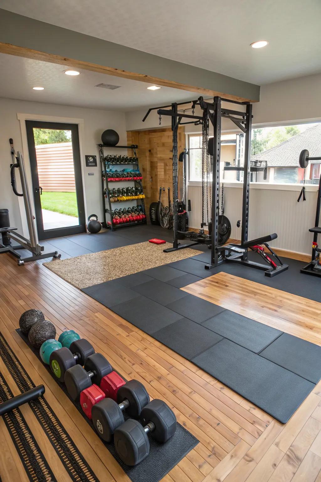 Maximize your fitness area with blended flooring, accommodating a spectrum of exercises.