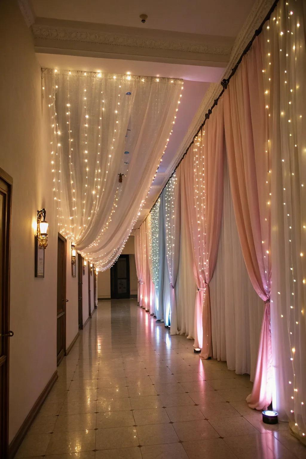Curtain lights transform walls into fanciful backdrops.