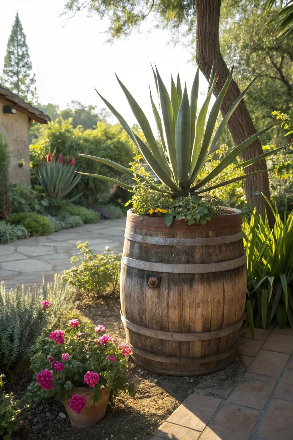 The impressive shape of an agave plant inside a whiskey barrel.