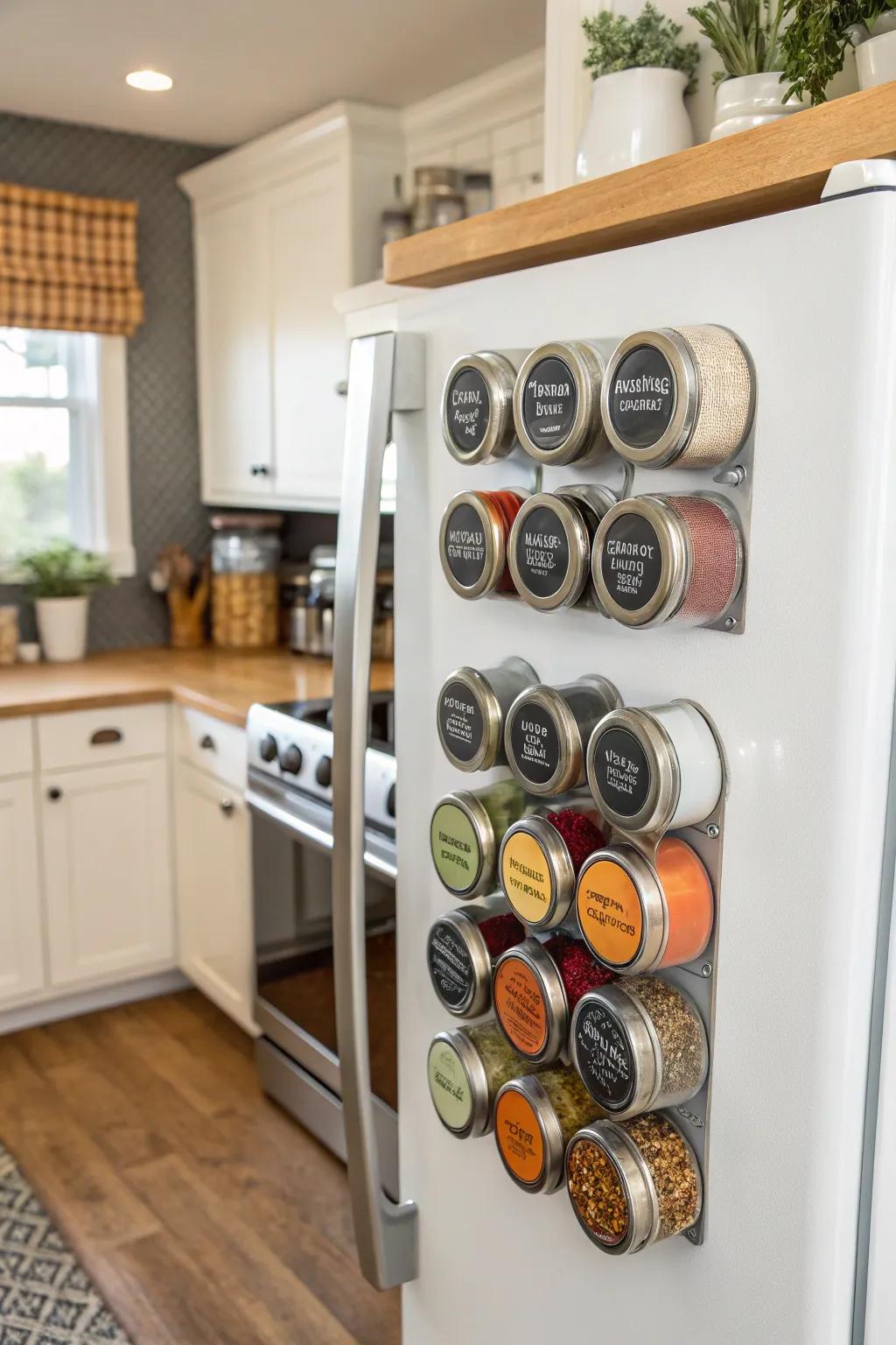 Magnetic spice racks for a contemporary touch.
