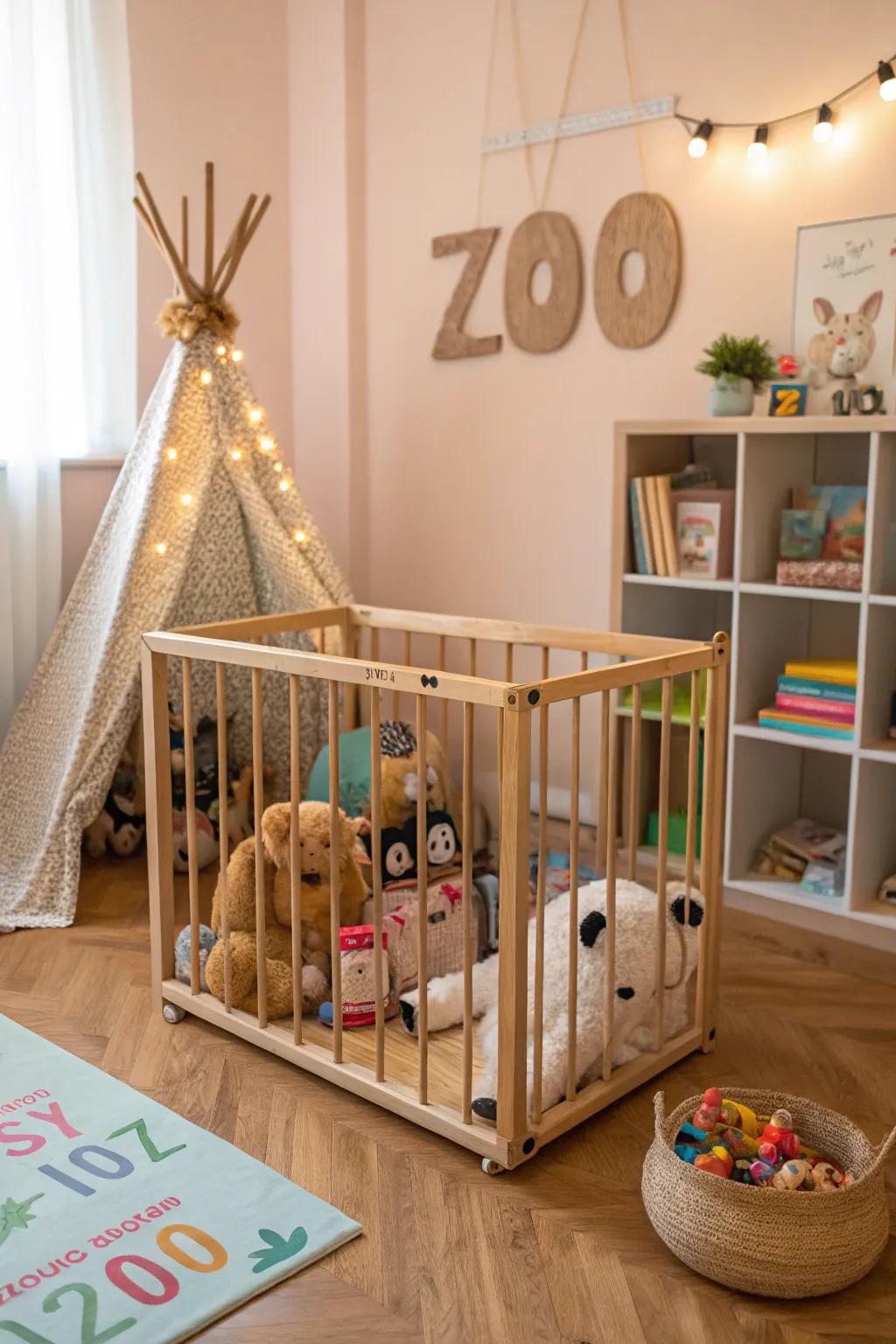 A unique touch to stuffed animal storage is added by a creative 'zoo'.