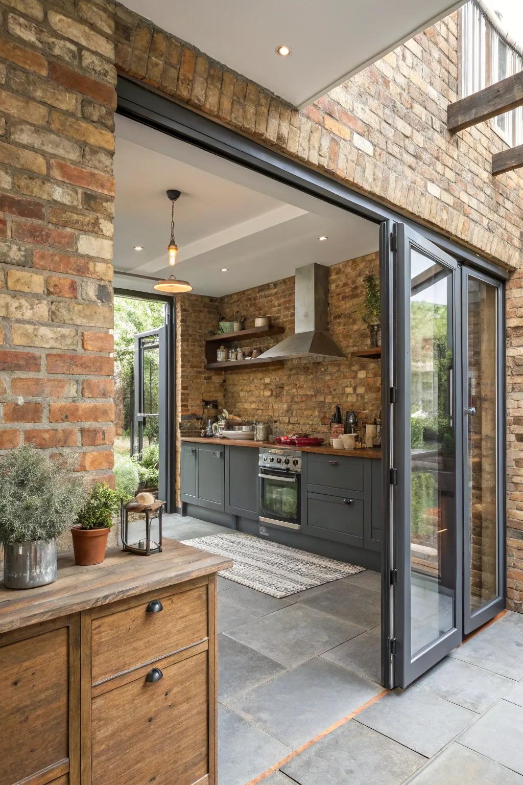 Pair rustic brickwork with contemporary folding doors for a uniquely balanced style.