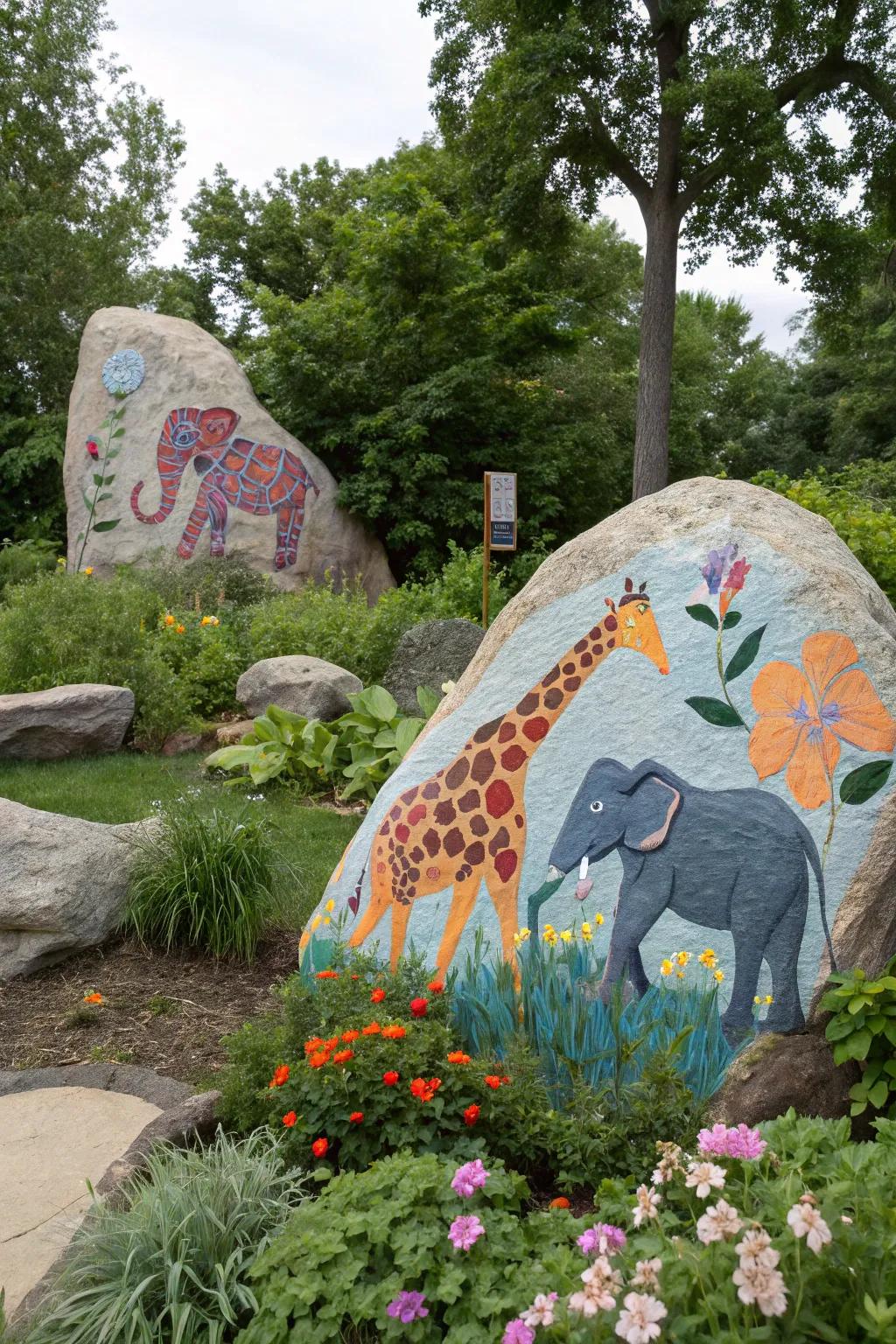 Venture on a safari excursion with animal-themed stone artwork.