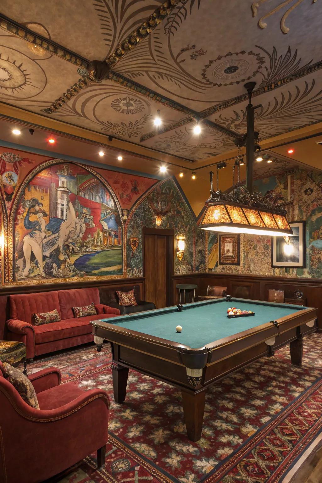 Imaginative walls provide character to your billiard space.
