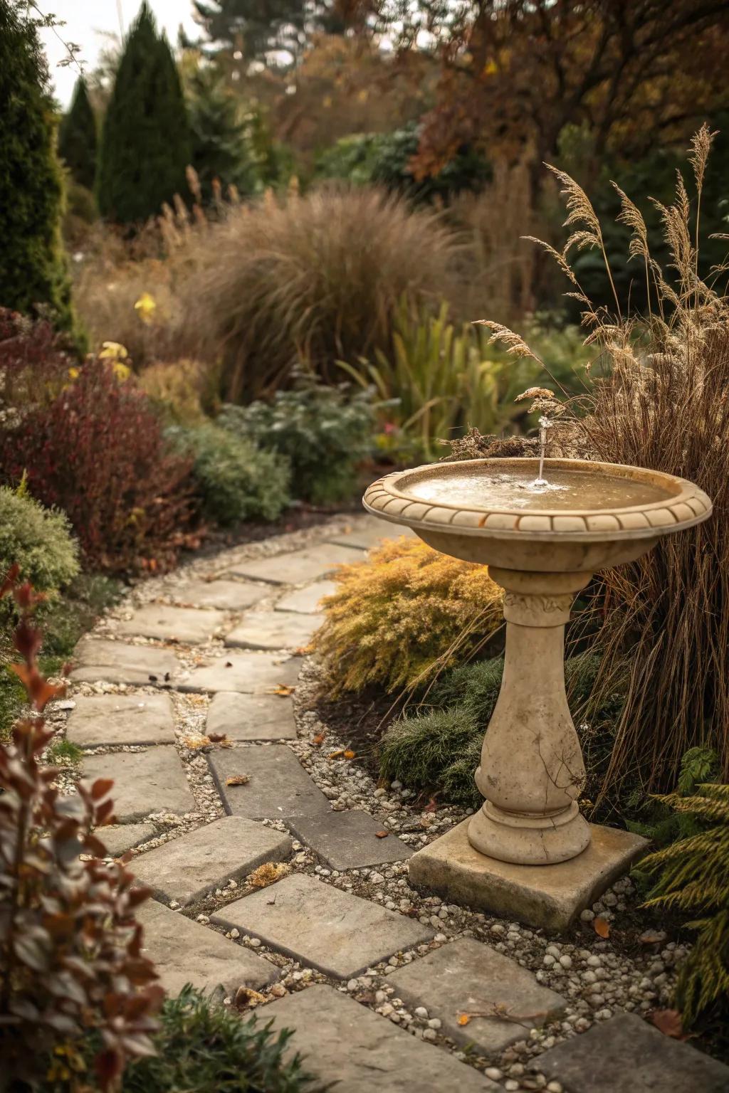 A tan bird spa blending beautifully with earthy garden tones, creating a natural haven for birds.