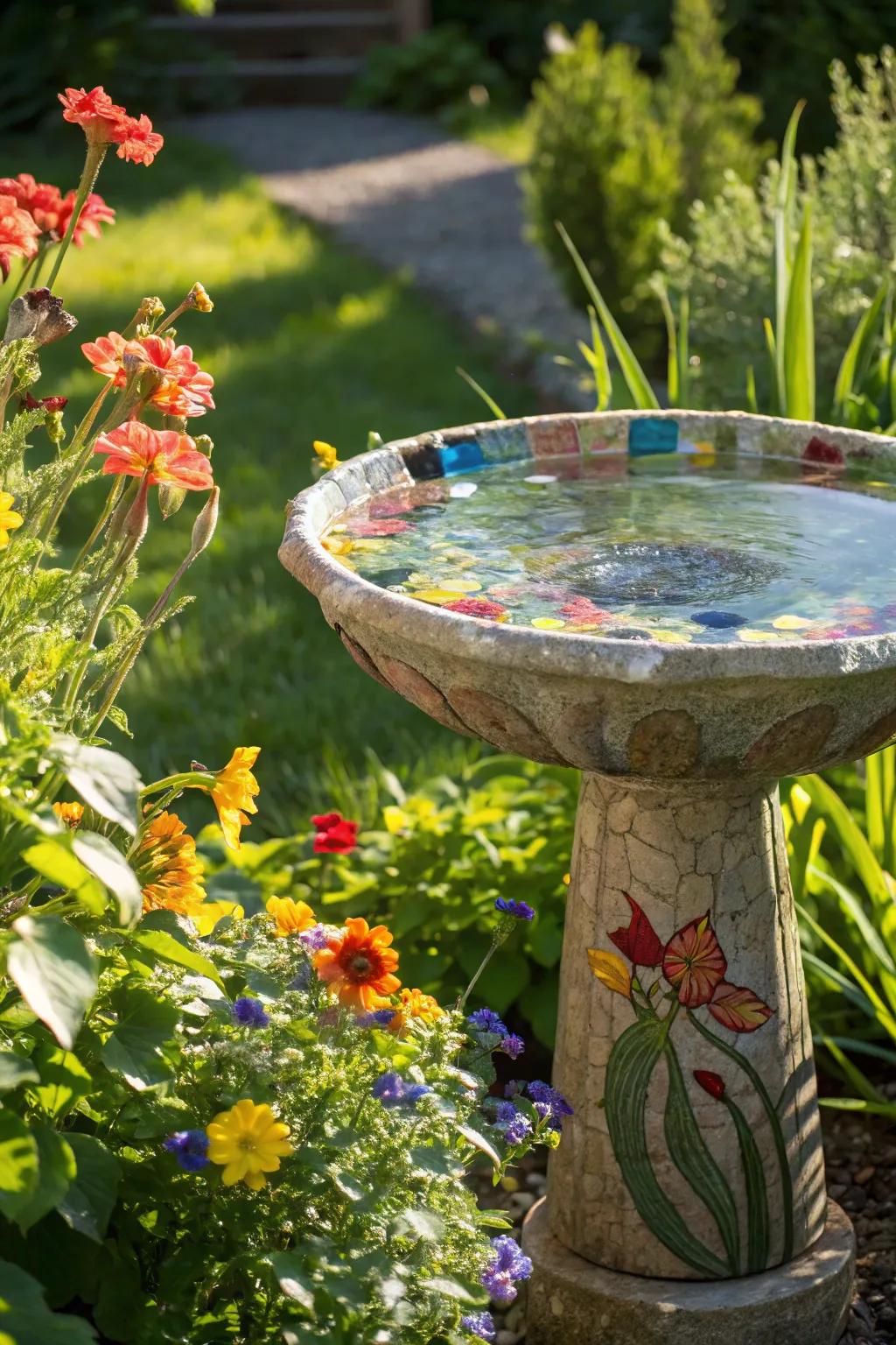 Reclaimed glass bird baths infuse your yard with color and sustainability.