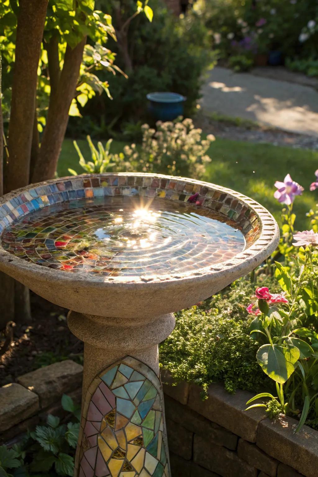 A mosaic bird bath introducing a burst of color and artistry to the garden.