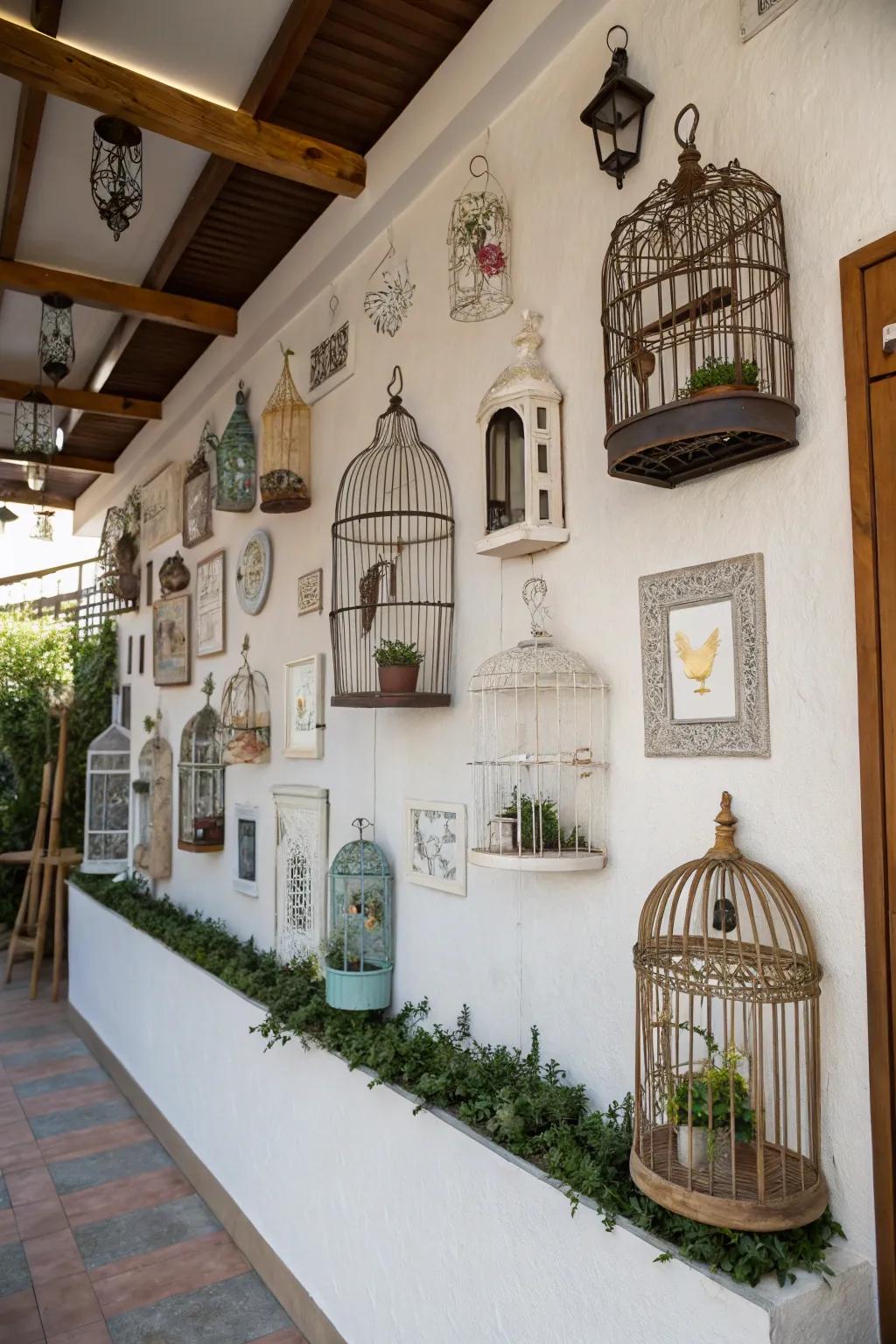 A diverse wall exhibition utilizing numerous bird cages.