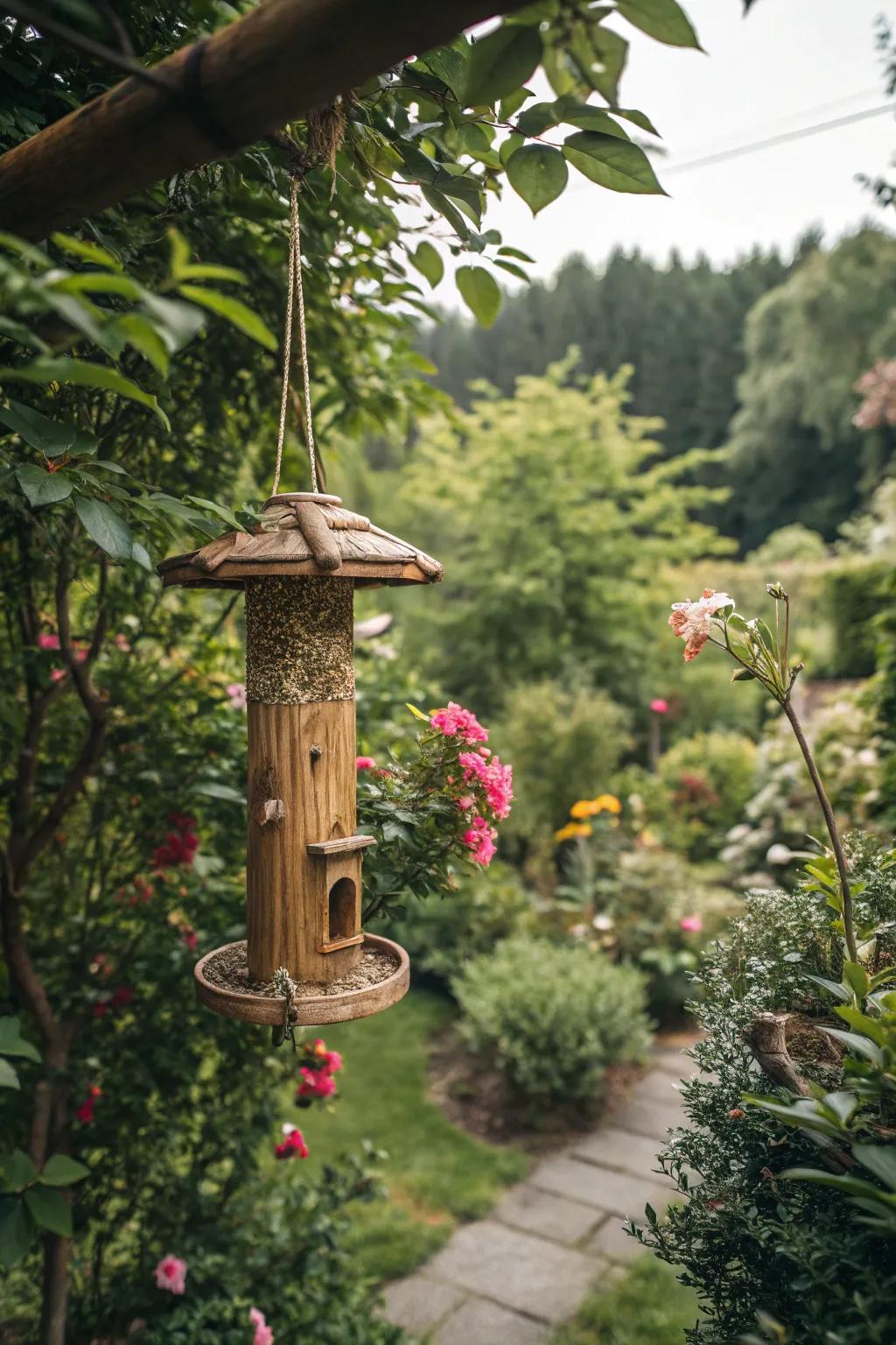 An eco-friendly bamboo feeder that blends effortlessly with nature.