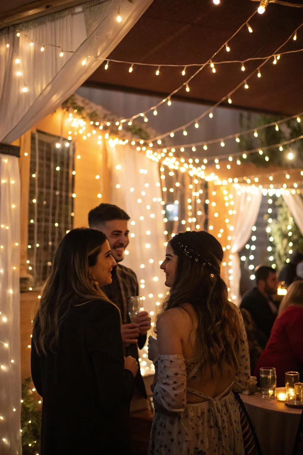 Fairy lights provide a warm glow to a stylish party setting.