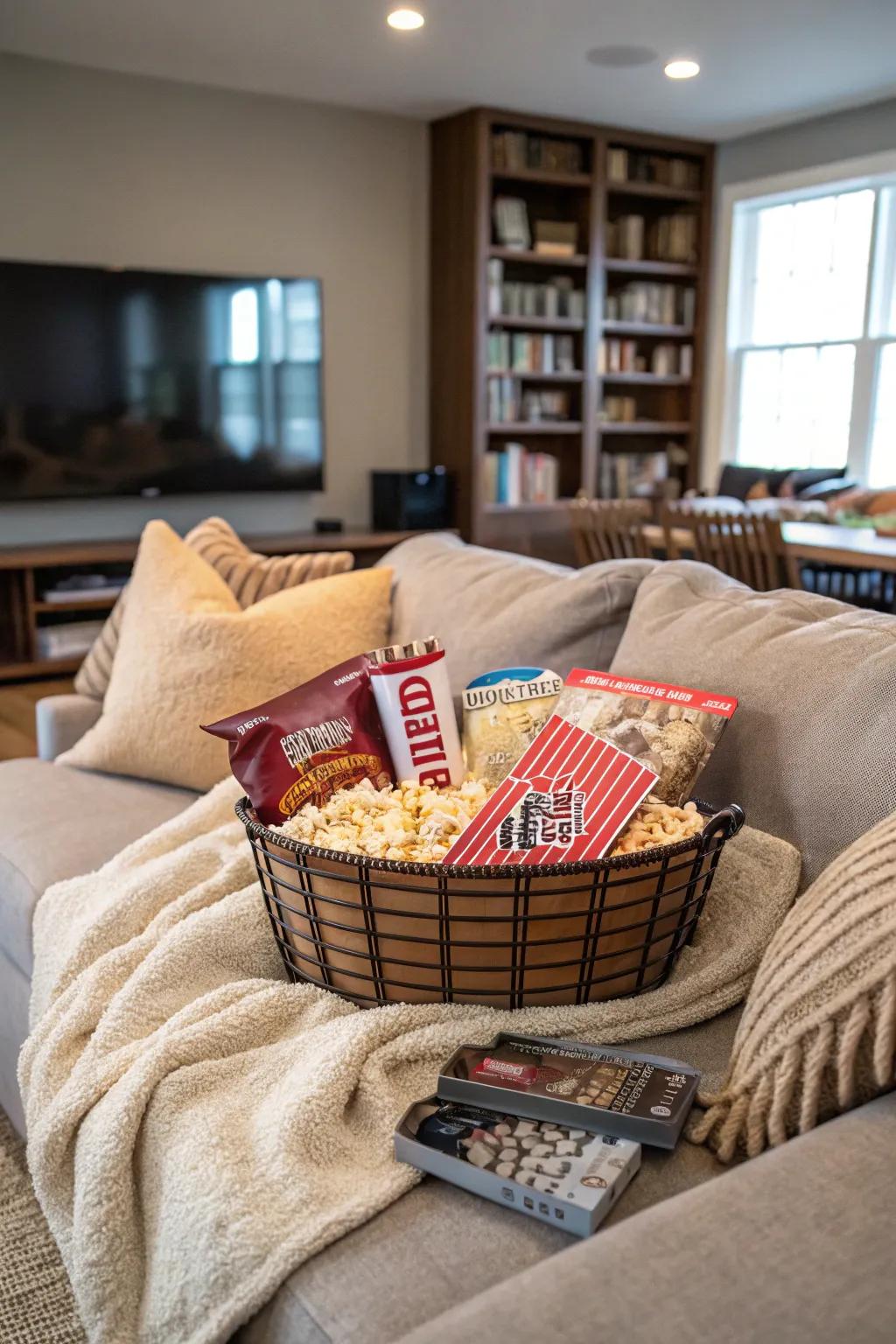 Recreate a cinematic experience in your own home with this movie night basket.
