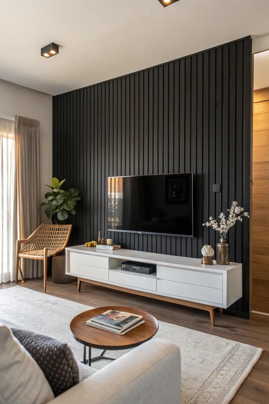 Black wood slats bring texture and warmth to a modern area.