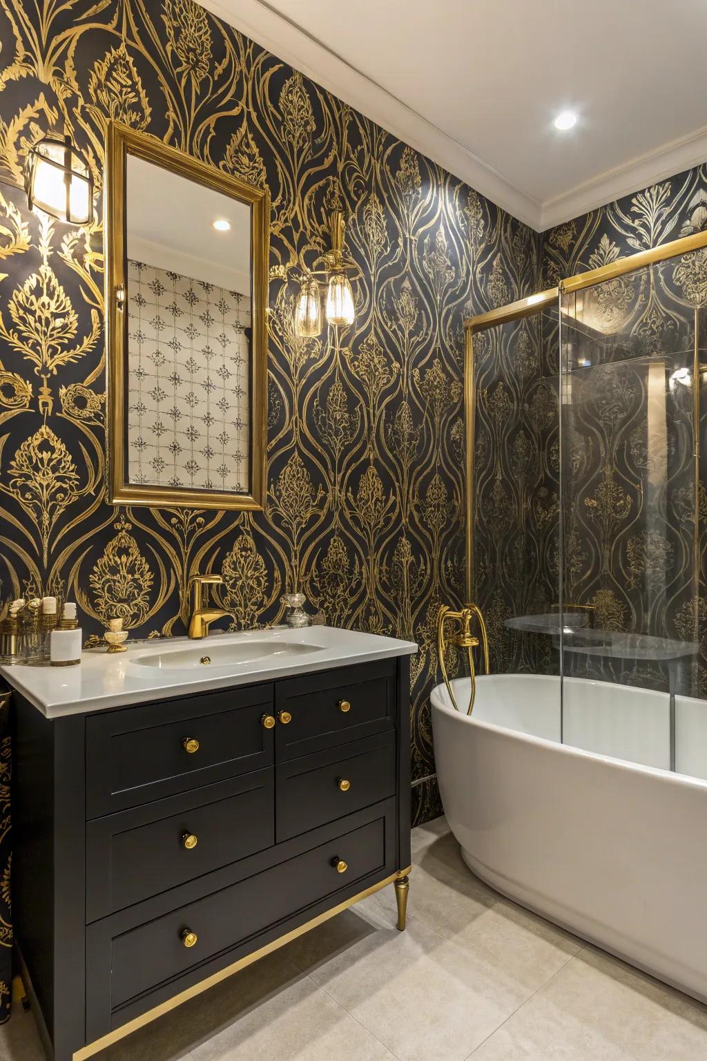 Black and gold wallpaper creates a dramatic and stylish backdrop.