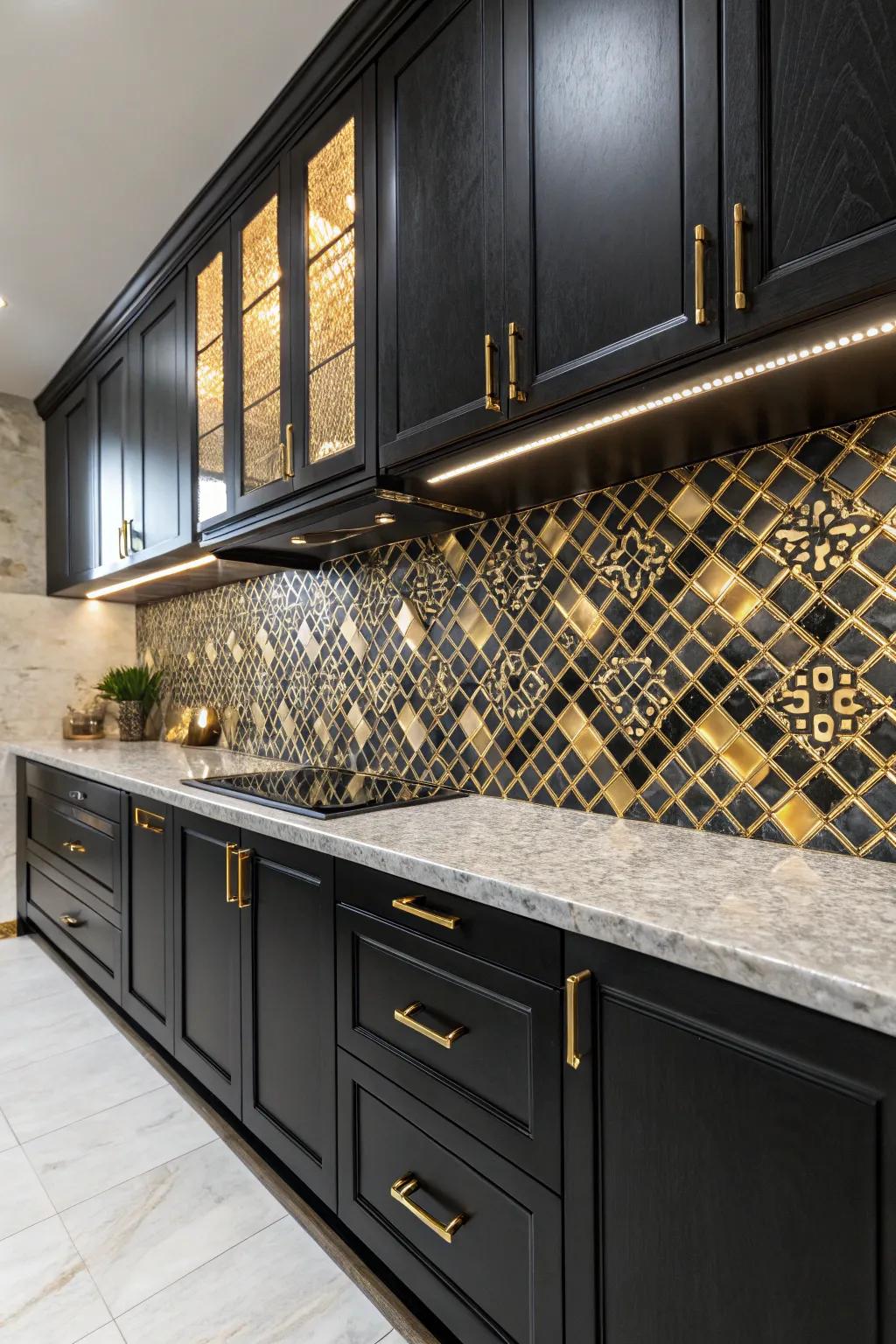 A ebony and gilded backsplash creates a striking declaration.