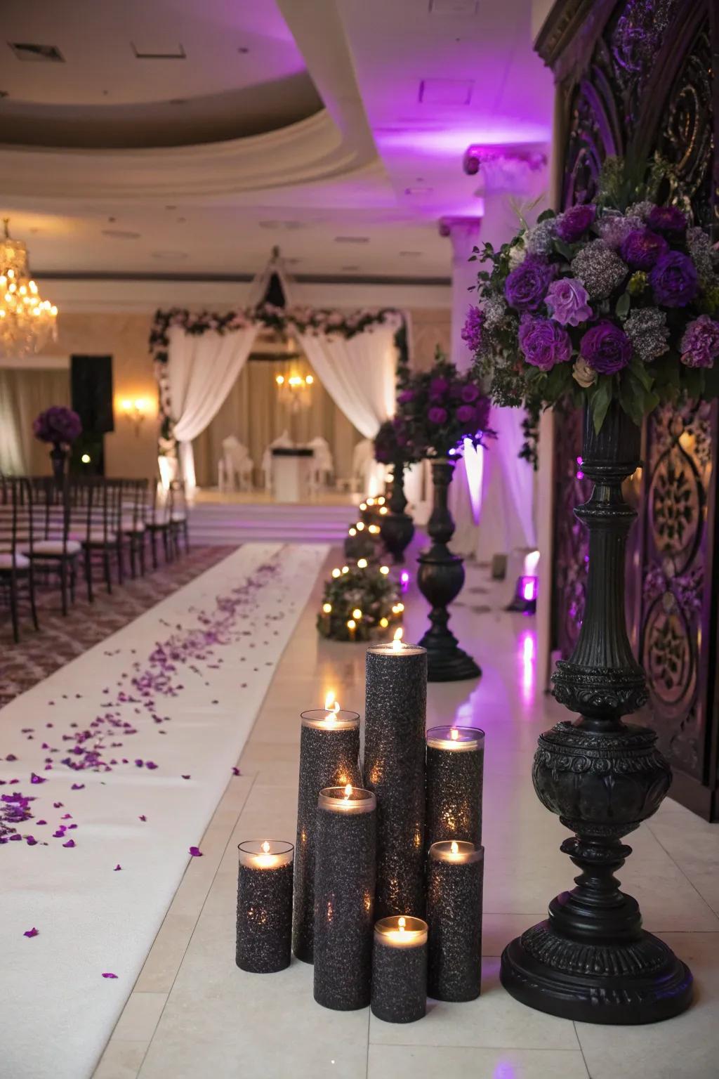 A candlelit setting featuring onyx and violet candles.