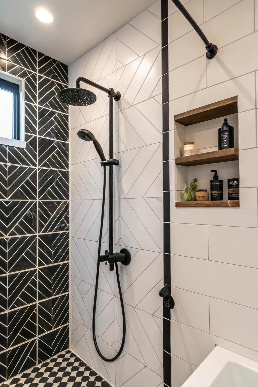 Prominent black fixtures complement the black and white design.