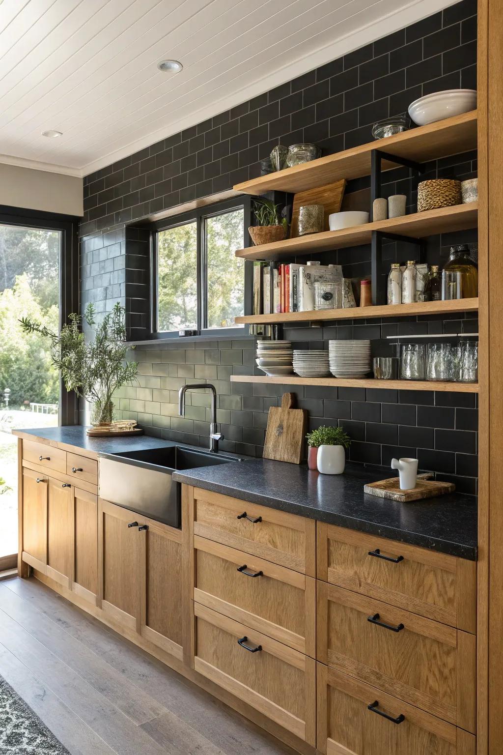 Exposed shelving adds dimension and intrigue against a striking dark backsplash.