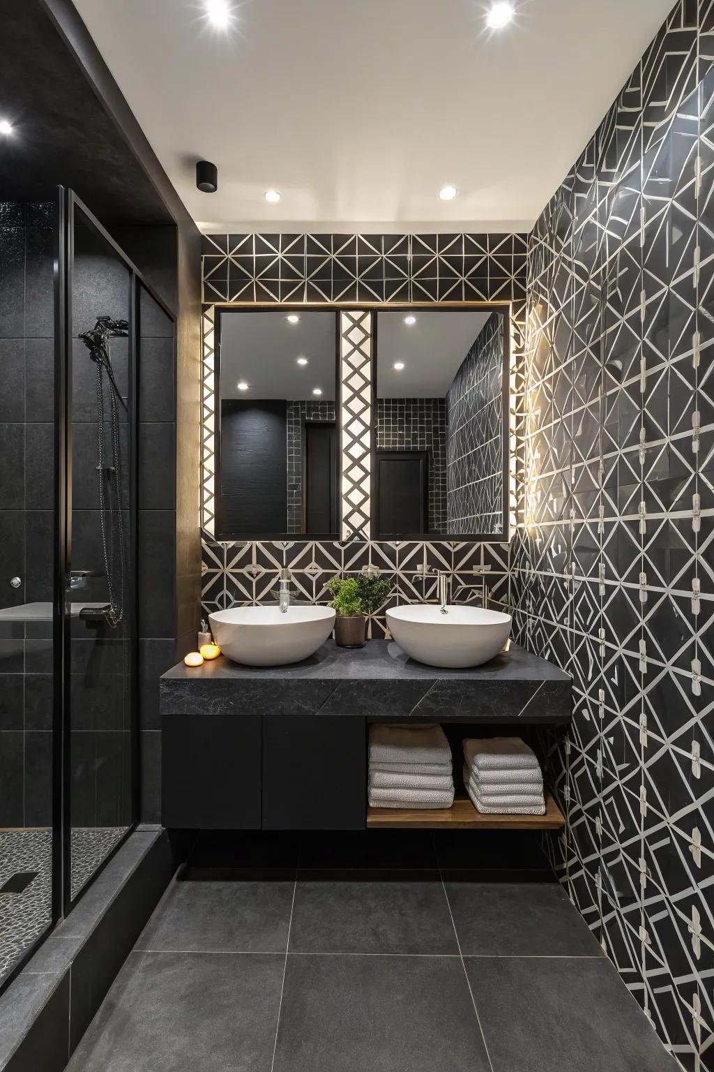Geometric motifs inject a spirited dimension into a black bathroom.
