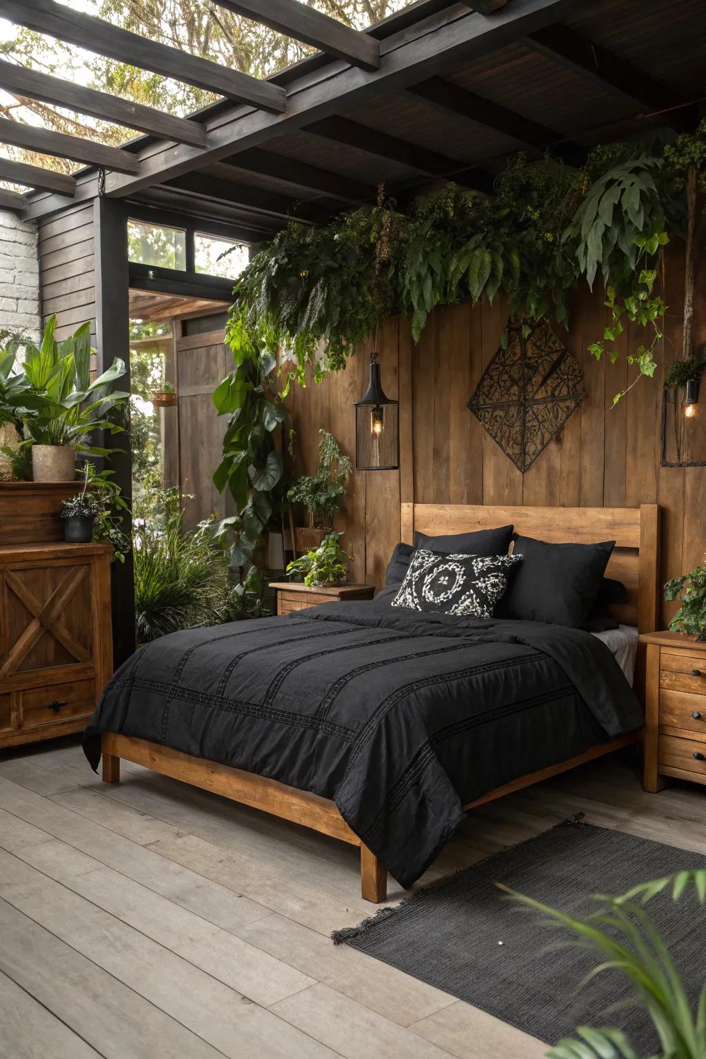 Uniting black bedding with elements of the natural world.