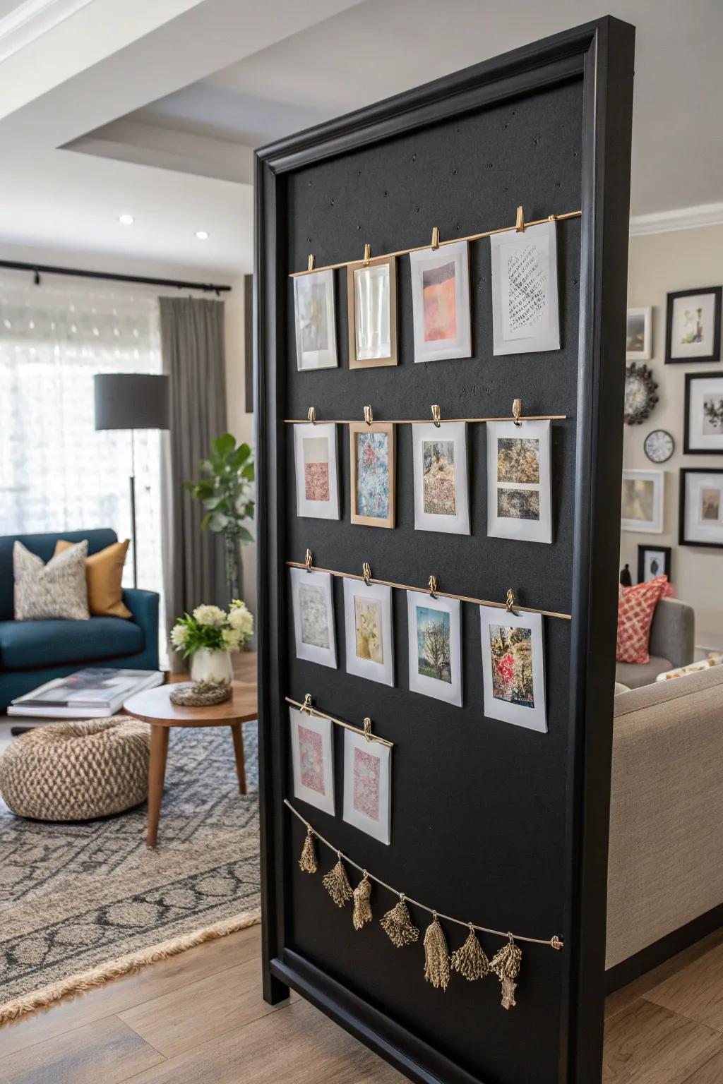Construct your personal gallery wall by using a display board to present your beloved art pieces.