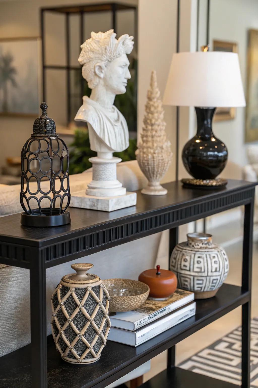 Ornamental objects on a console table inject personality and intrigue.