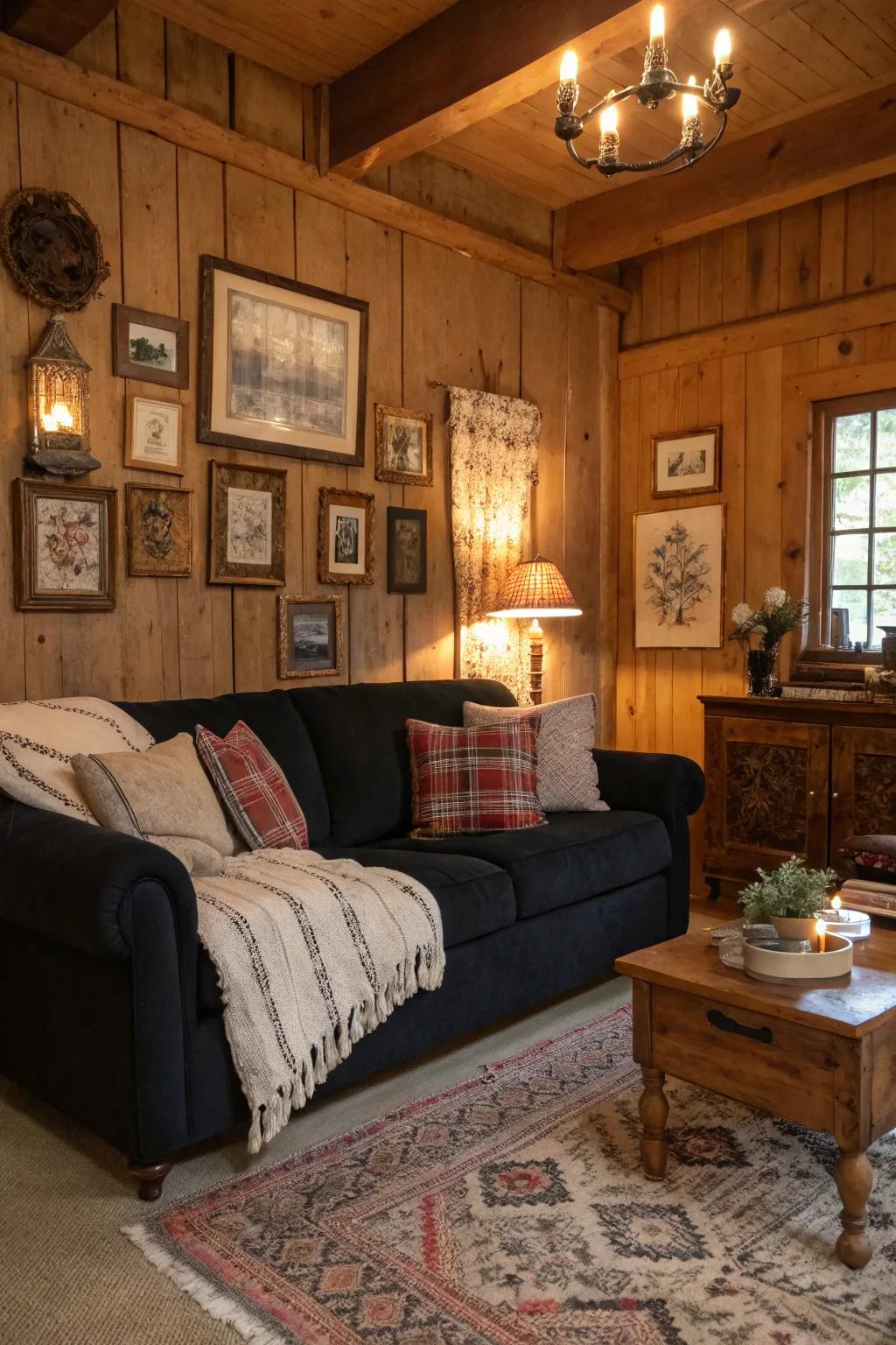 Rustic charm meets a modern dark sofa.