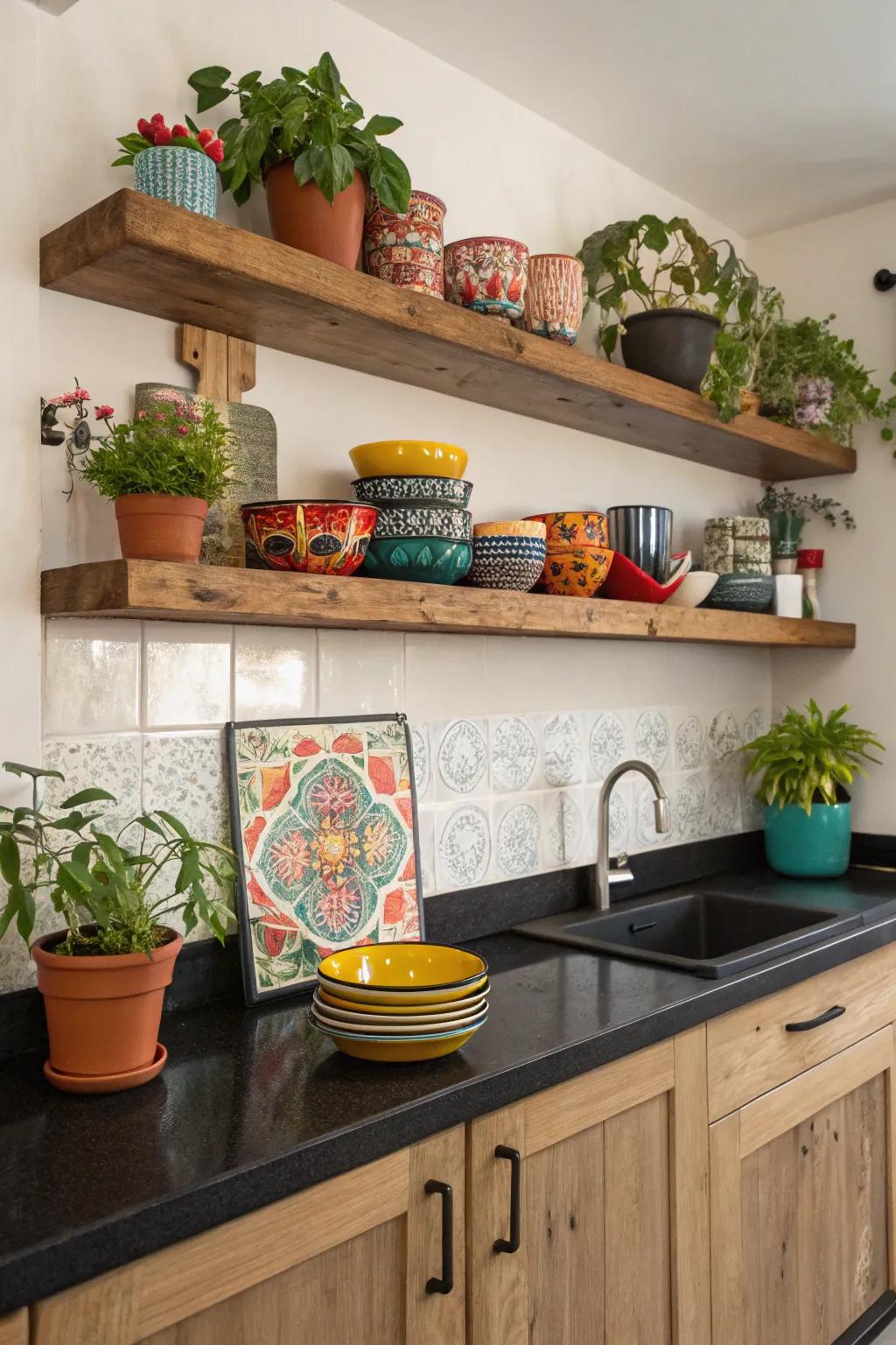 Display shelving incorporating a contemporary touch to a kitchen featuring dark countertops.